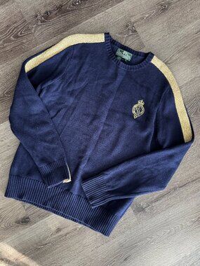LRL Ralph Lauren Active navy cotton crewneck pullover sweater w/ gold stripes XL